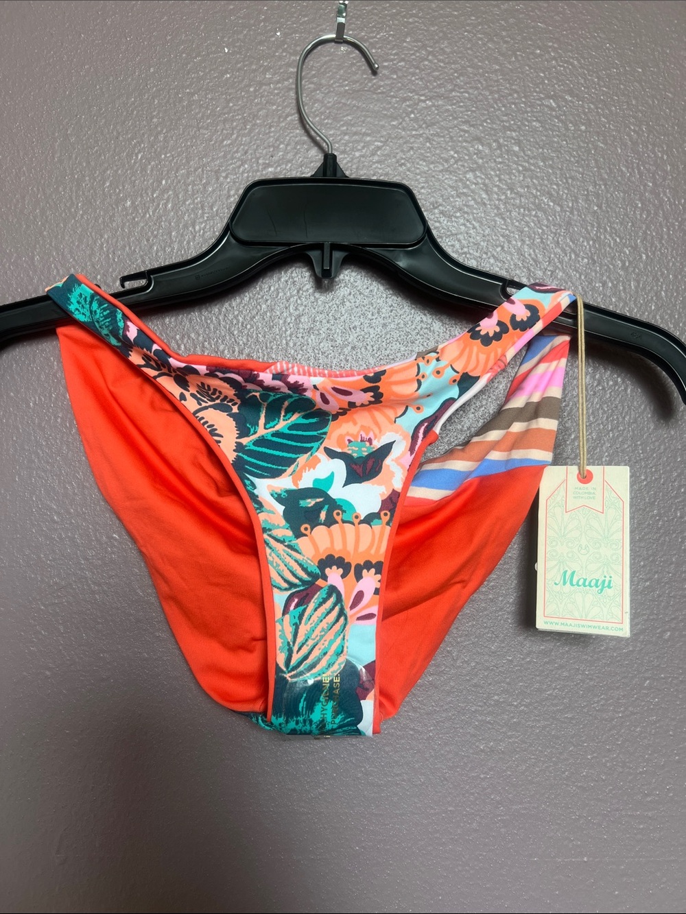 Maaji Coral Orange Tropical Floral Bikini Bottom - Reversible